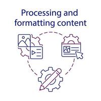 Procesando y formateo contenido sencillo colocar. cms concepto icono. uno de etapas de contenido administración sistema proceso. aclaración y tipografía archivo. aislado símbolo para web y móvil teléfono vector