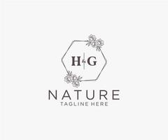 initial HG letters floral frames. Botanical feminine editable premade monoline unique decoration for greeting card, wedding invitation. vector