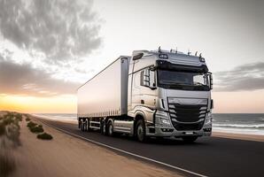 Freight transport truck on the road at sunset, photo