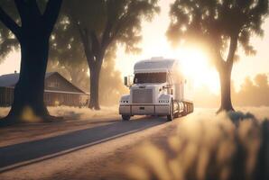 carga transporte camión en el la carretera a atardecer, generativo ai foto