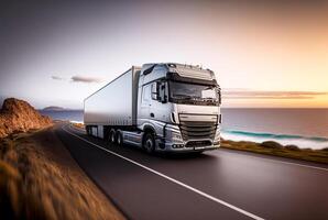 Freight transport truck on the road at sunset, photo