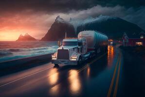 Freight transport truck on the road at sunset, photo