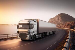 Freight transport truck on the road at sunset, photo