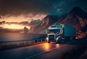 Freight transport truck on the road at sunset, photo