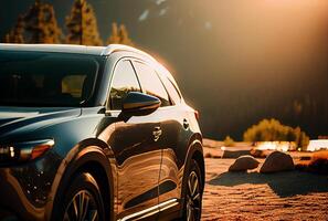 Electric suv cars parked in the view point with mountains in the background. photo