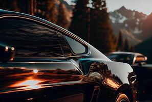 Electric suv cars parked in the view point with mountains in the background. photo