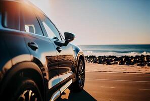 Electric suv cars parked in the coastal road with the sea in the background. photo