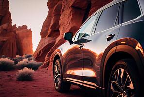 Electric suv cars parked in the view point with mountains in the background. photo