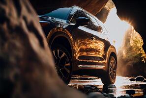 Modern suv cars driving through the puddle and splashing by water. photo