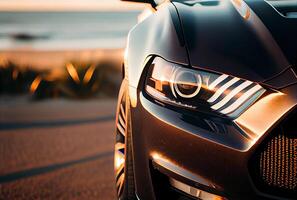 Electric suv cars parked in the coastal road with the sea in the background. photo