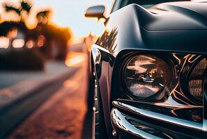 Vintage cars parked in the coastal road with the sea in the background. photo