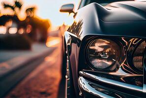 Vintage cars parked in the coastal road with the sea in the background. photo