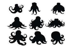 Octopus with long tentacles silhouette set vector. Octopus icon silhouette design collection. Sea creatures silhouette bundle with tentacles. Squid with tentacles silhouette on a white background. vector