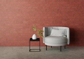 3D Rendering Single Fabric Sofa on Red Brick Wall And Concrete F photo