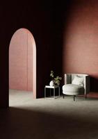 3D Rendering Single Fabric Sofa On Red Brick Wall And Concrete F photo