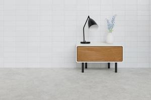 3D Rendering Wood Side Table O White Brick Wall And Concrete Flo photo