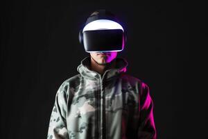 a man wearing a virtual reality headset with neon light. photo