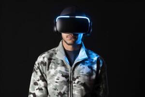 a man wearing a virtual reality headset with neon light. photo