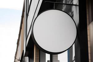 Blank white minimal circular shop signboard mockup. photo