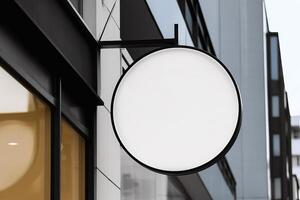 Blank white minimal circular shop signboard mockup. photo