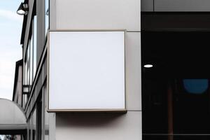 Blank white minimal square shop signboard mockup for advertising panel. photo