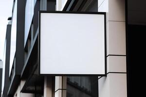 Blank white minimal square shop signboard mockup for advertising panel. photo