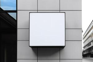 Blank white minimal square shop signboard mockup for advertising panel. photo