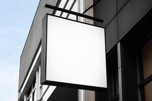 Blank white minimal square shop signboard mockup for advertising panel. photo