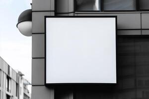 Blank white minimal square shop signboard mockup for advertising panel. photo