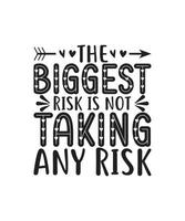 The biggest risk is not taking any risk. motivational quote typography. For banners, poster, t-shirts, tote bags, cards, frame artwork, phone cases, bags, mugs, stickers, print, etc vector