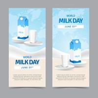 mundo Leche día junio Primero vertical bandera con un Leche vaso y Leche caja en el podio ilustración vector