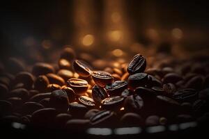 Pile of roasted coffee beans on dark background. photo
