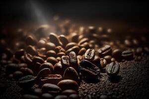 Pile of roasted coffee beans on dark background. photo