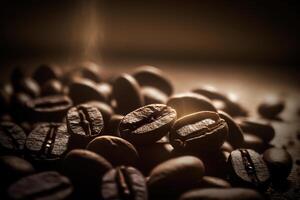 Pile of roasted coffee beans on dark background. photo