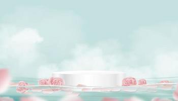 3d white podium step with pink rose floating on water with cloud on blue sky background,Vector banner Studio room display with cylinder stand floating with petal flower for cosmetic and spa product vector