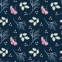 Winter plants, eucalyptus leaves watercolor seamless pattern isolated on dark background. Red berries, frozen branch hand drawn. Element for design Christmas print, textile, New year wrapping, paper. vector