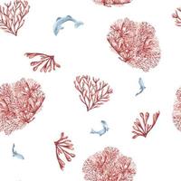 Seamless pattern of sea plants, coral watercolor isolated on white background. Pink agar agar seaweed and fish hand drawn. Design element for package, textile, paper, wrapping, marine collection vector