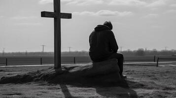 Man in front of a wooden cross in the countryside. Black and white. artwork photo