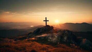 a wooden cross on the top of mountain . artwork photo