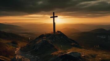 a wooden cross on the top of mountain . artwork photo