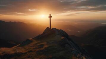 a wooden cross on the top of mountain . artwork photo