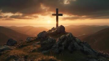 a wooden cross on the top of mountain . artwork photo