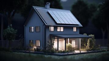 AI Generative 3D rendering of a house with solar panels on the roof.   ai generated artwork photo