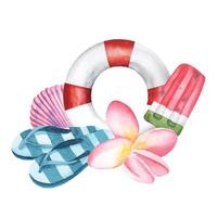 Watercolor illustration with life preserver red and white flip flops plumeria flower, ice cream watermelon, pink shell vector