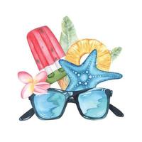 tropical illustration composition with star fish banana leaves, pineapple ice cream and plumeria flower blue sun glasses. watercolor hand drawn vector