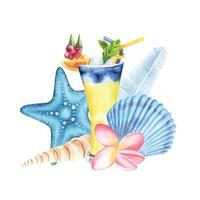 tropical alcoholic cocktail illustration composition with star fish banana leaves and plumeria flower. watercolor hand drawn vector