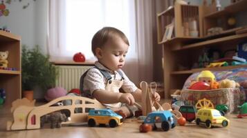 Cute little children playing with toys in the room photo