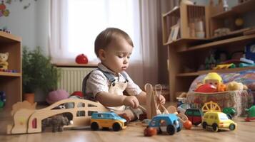 ai generativo linda pequeño niños jugando con juguetes en el habitación foto