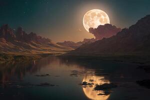 el Luna es creciente a medianoche encima el montaña con ai generado. foto