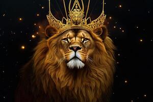 The lion is wearing crown with . photo